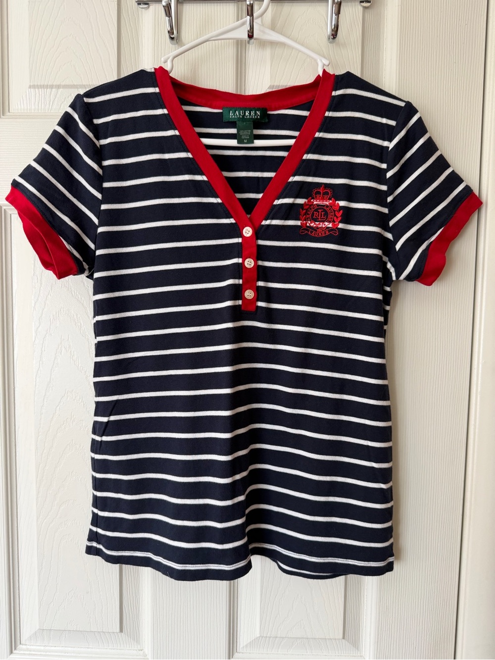 Ralph Lauren Navy & White Striped Henley Top with Red Trim
